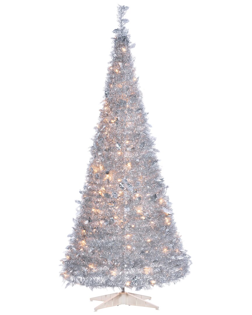 Sterling Tree Company 6ft High Pop Up Pre-lit Silver Tinsel Tree With Holy Leaves In White