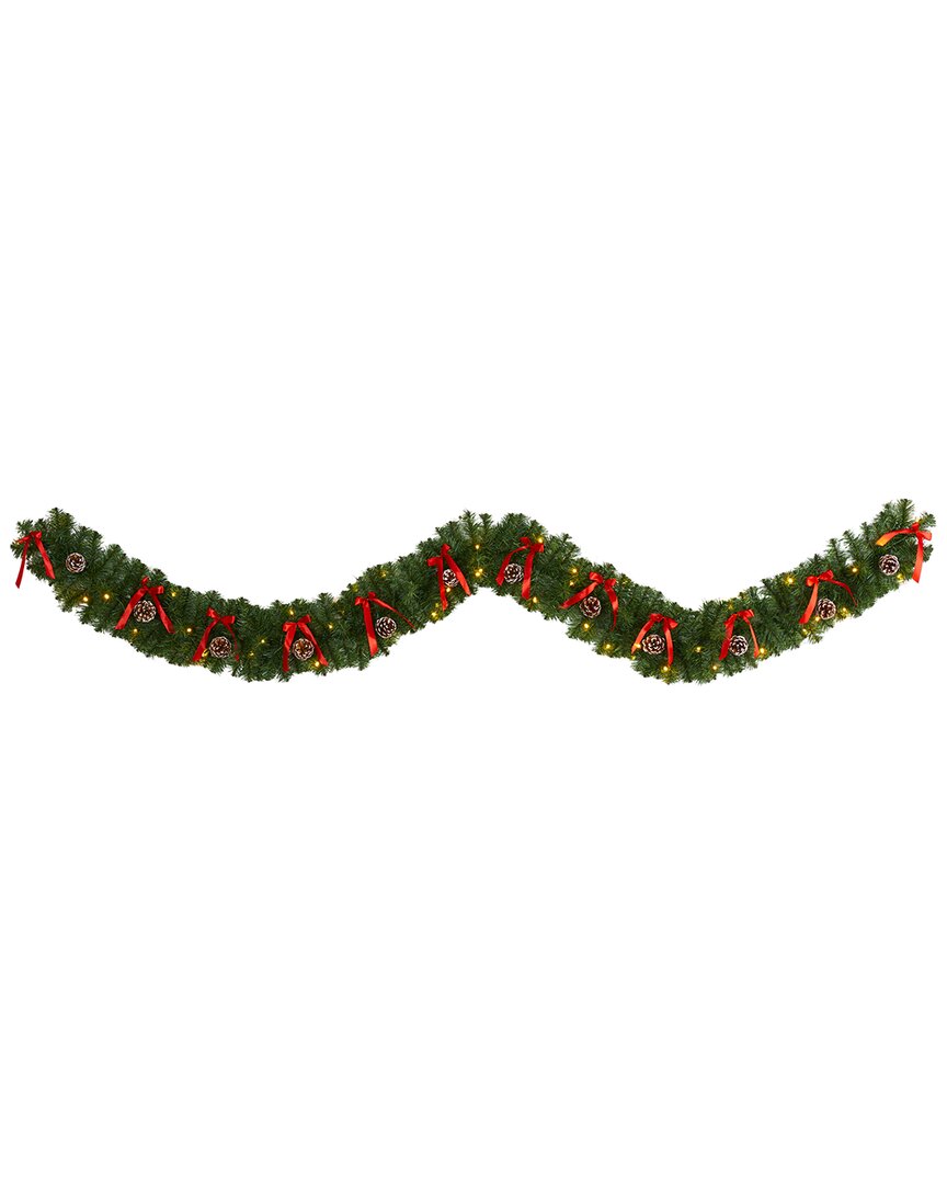 Nearly Natural 9ft Bow & Pinecone Artificial Christmas Garland With 35 Clear Led Lights In Green