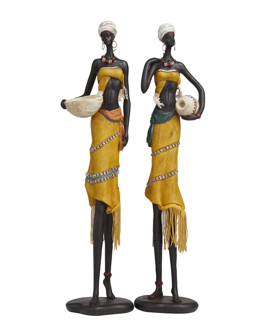 Peyton Lane Set Of 2 Handmade African Woman Sculptures In Yellow