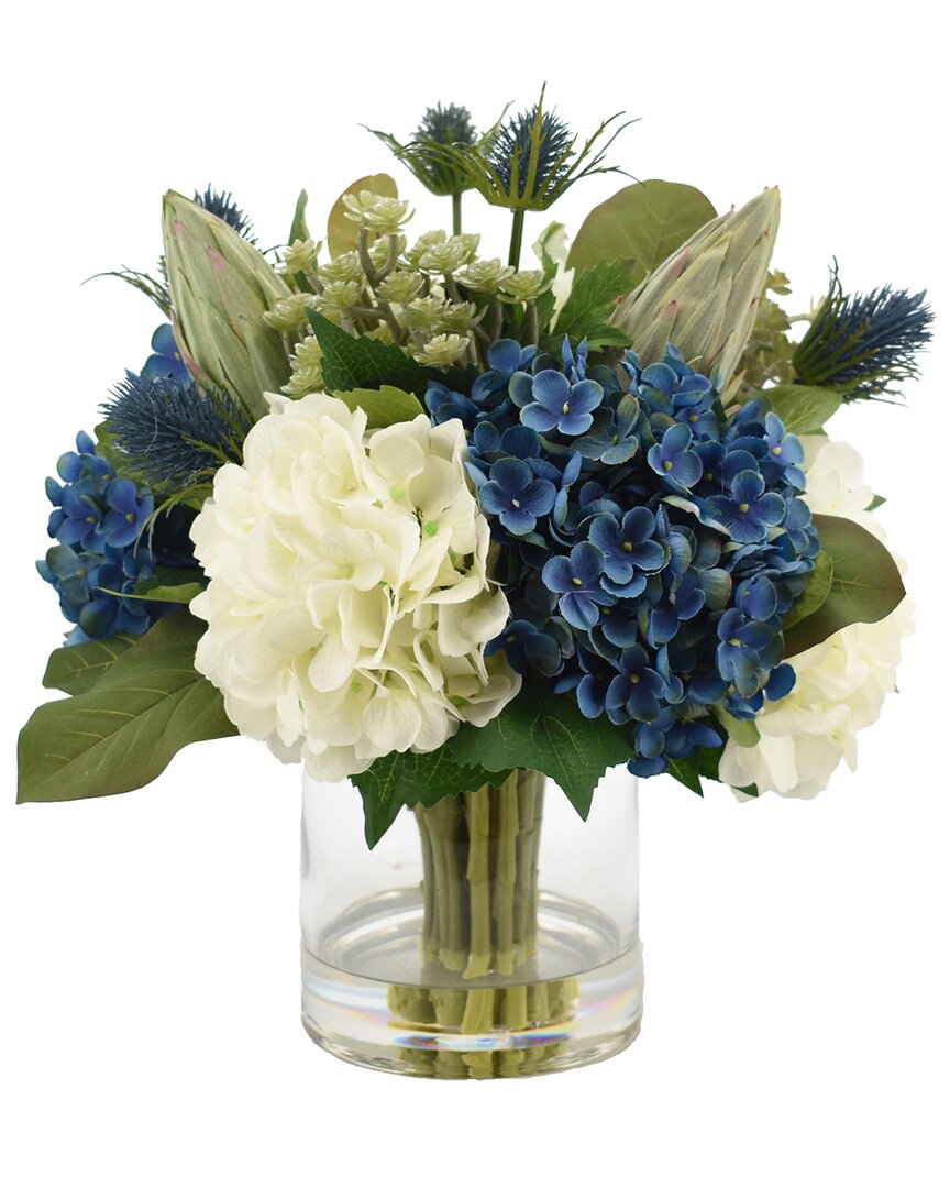Creative Displays Blue & White Hydrangeas, Thistle, Cactus & Protea In Glass Vase