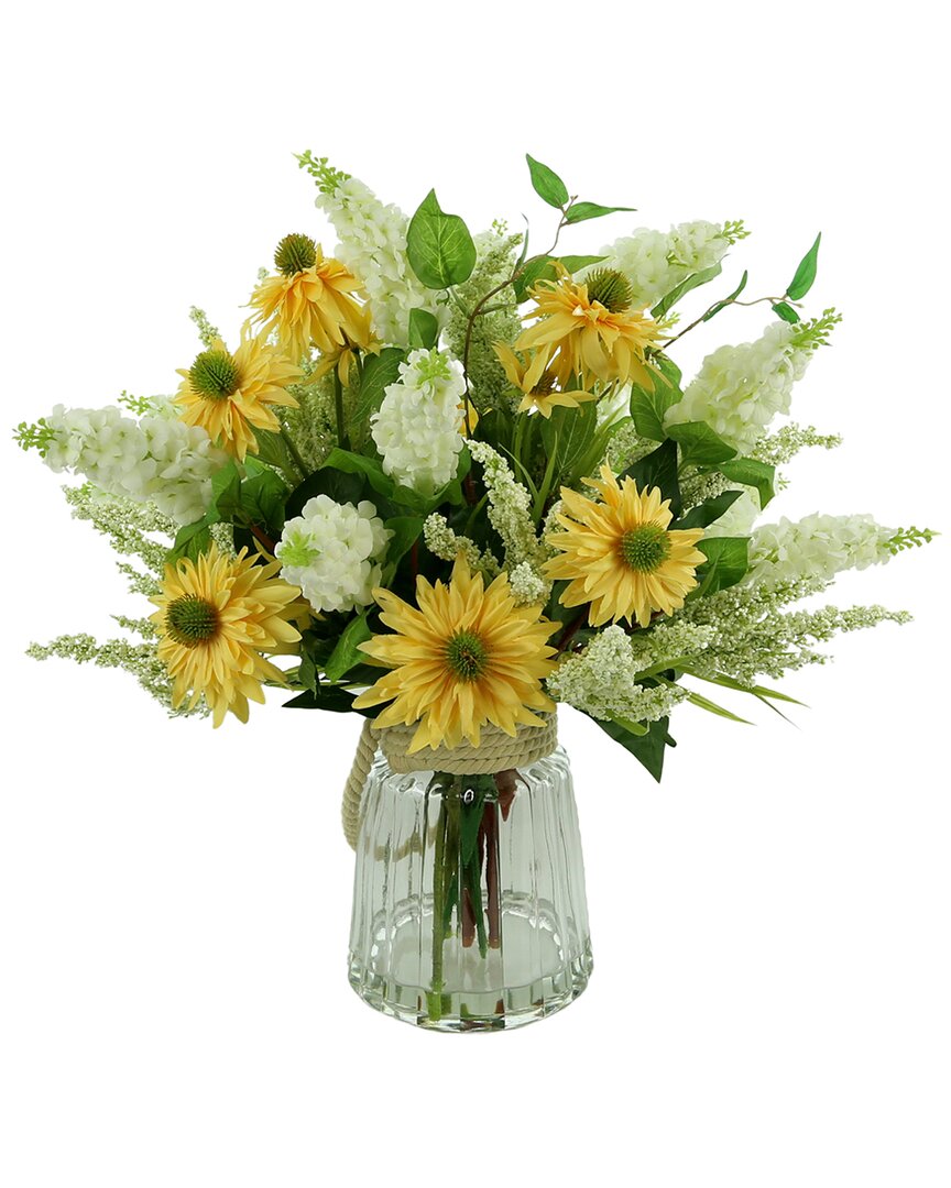 Creative Displays Yellow Daisies, Heather & Lilac In Glass Vase Adorned With Rope