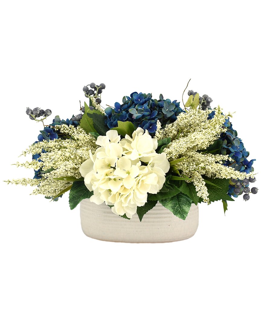 Creative Displays Blue & White Hydrangeas, Heather & Berries Arranged In Ceramic Vase In Cream