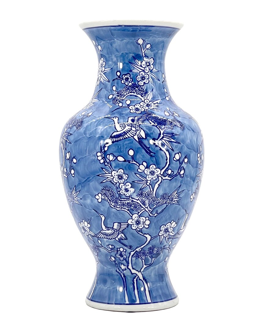 G.t. Direct Corporation Gt Direct 14in Crane & Flowers Decorative Chinoiserie Vase In Blue