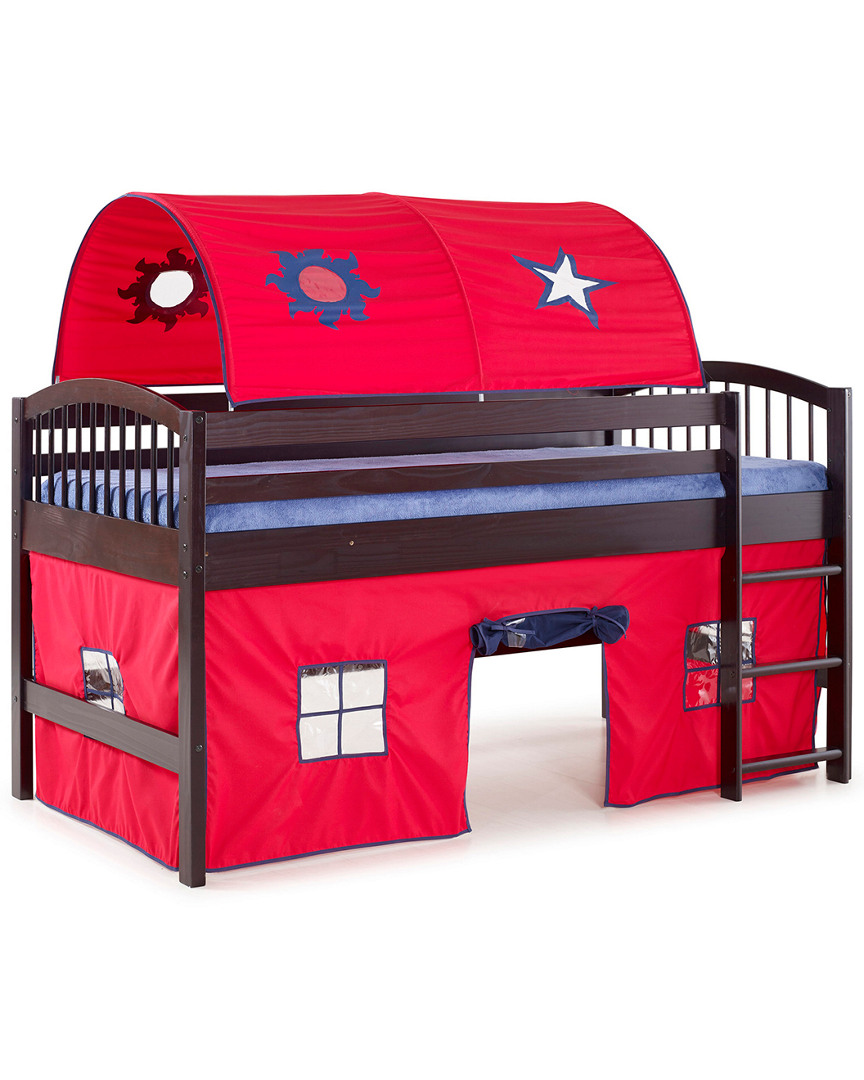 Alaterre Addison Espresso Finish Wood Junior Loft Bed; Red Tent And Playhouse With Blue Trim