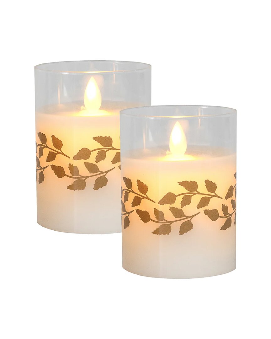 Lumabase Set Of 2 Battery-operated Led Glass Candles With Moving Flames In Gold