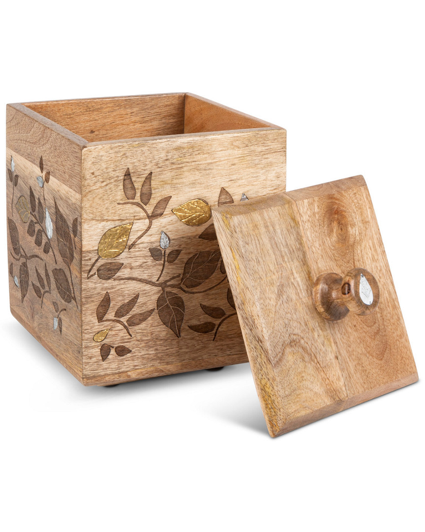 Gerson International Gg Collection Mango Wood With Laser & Metal Inlay Leaf Design Medium Canister