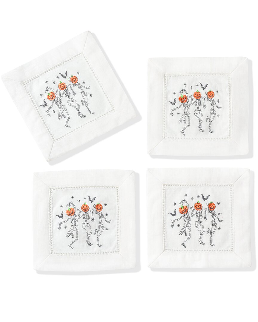 Tiramisu Skeleton Crew Embroidered Linen Cocktail Napkins In White