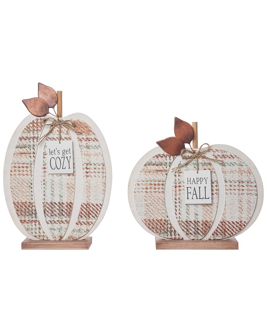 Transpac Wood 13.78in Multicolored Harvest Neutral Plaid Pumpkin Decor, Set Of 2 In Red