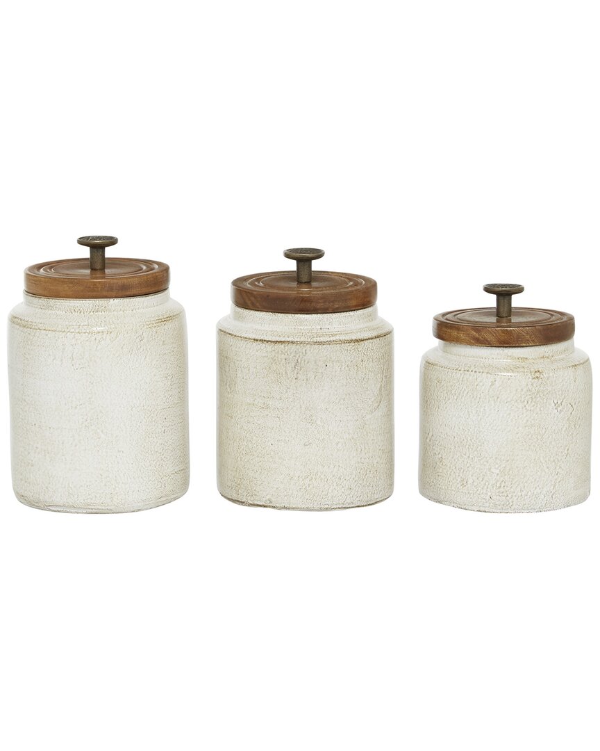 Peyton Lane Set Of 3 Ceramic Decorative Jars With Wood Lids In White