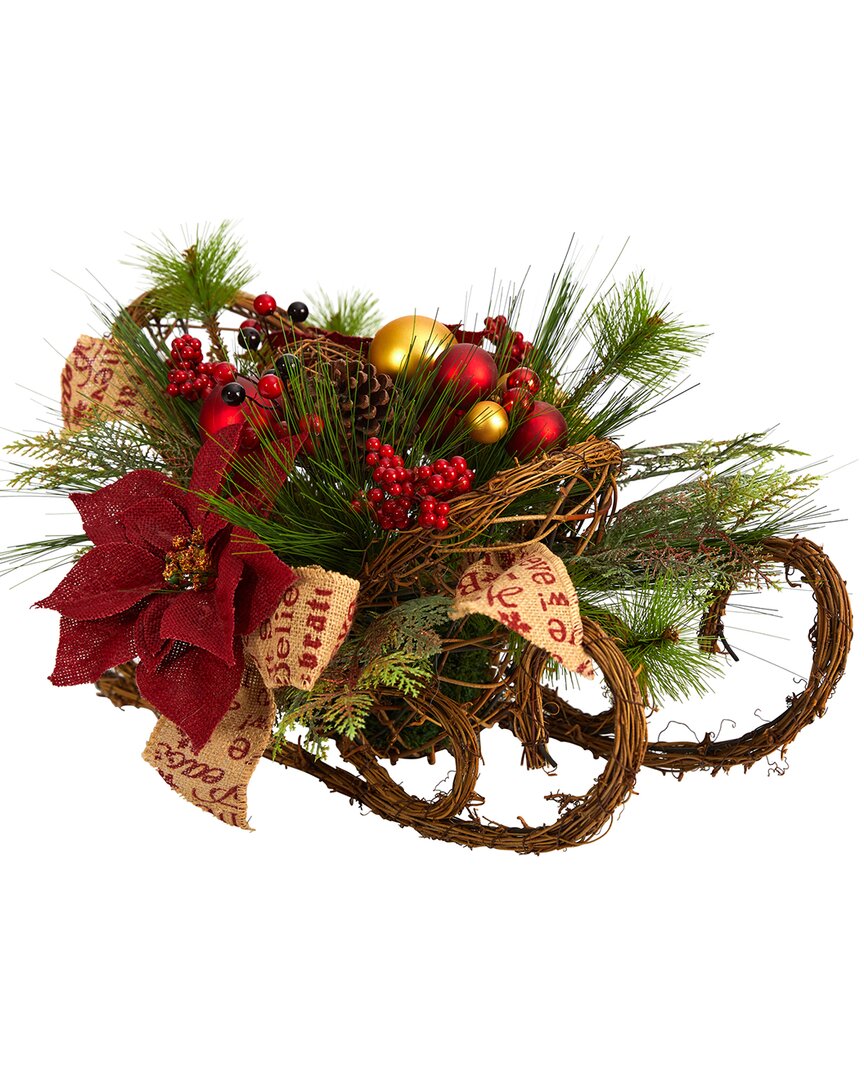 Nearly Natural 18in Christmas Sleigh With Poinsettia, Berries And Pinecone Artificial Arrangement Wi In Green