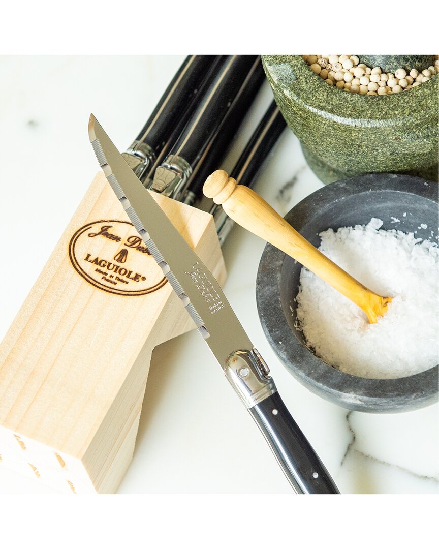 Jean Dubost 6 Steak Knives In A Block With Black Handles