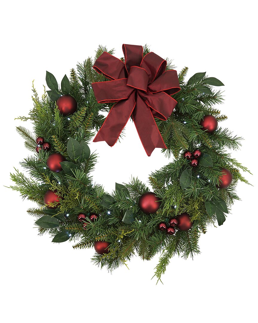 Gerson International 32in Holiday Cedar Wreath With Red Bow And Christmas Ornaments In Green