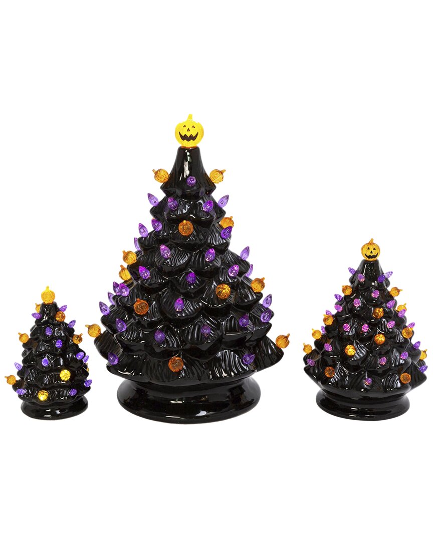 Gerson International Set Of 3 Battery Operated Lighted Dolomite Halloween Trees With Sound In Black