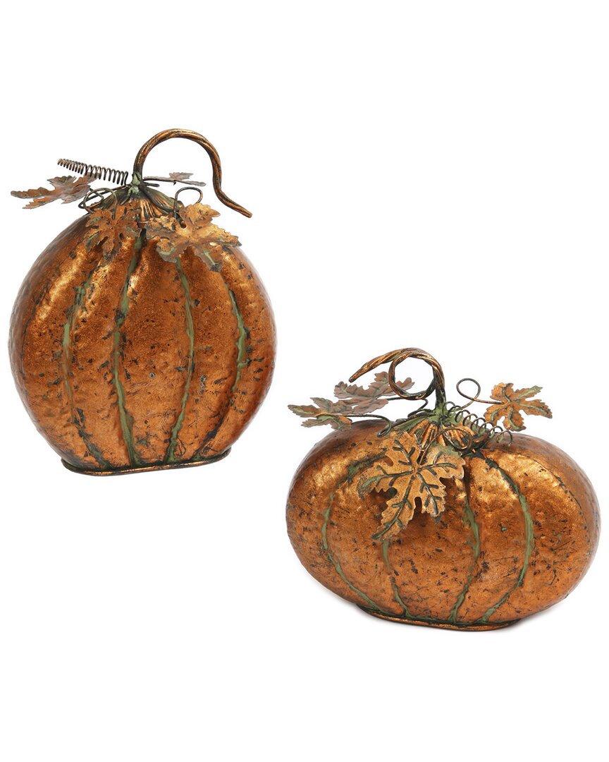 Gerson International Set Of 2 Assorted Metal Harvest Tabletop Pumpkins With Leaf Accents In Orange
