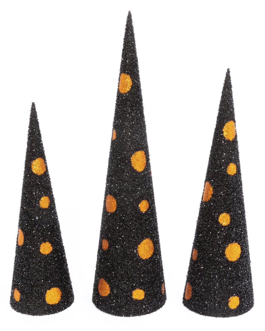 Gerson International Set Of 3 Assorted Black And Orange Glitter Halloween Cone Trees