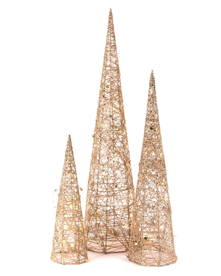 Gerson International Set Of 3 Lighted Holiday Cones In Gold