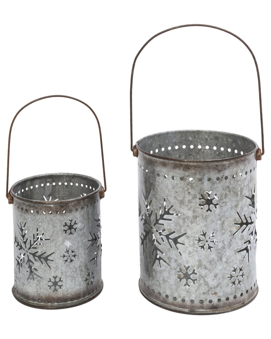 Gerson International Set Of 2 Nesting Metal Galvanized Snowflake Luminaries In Silver