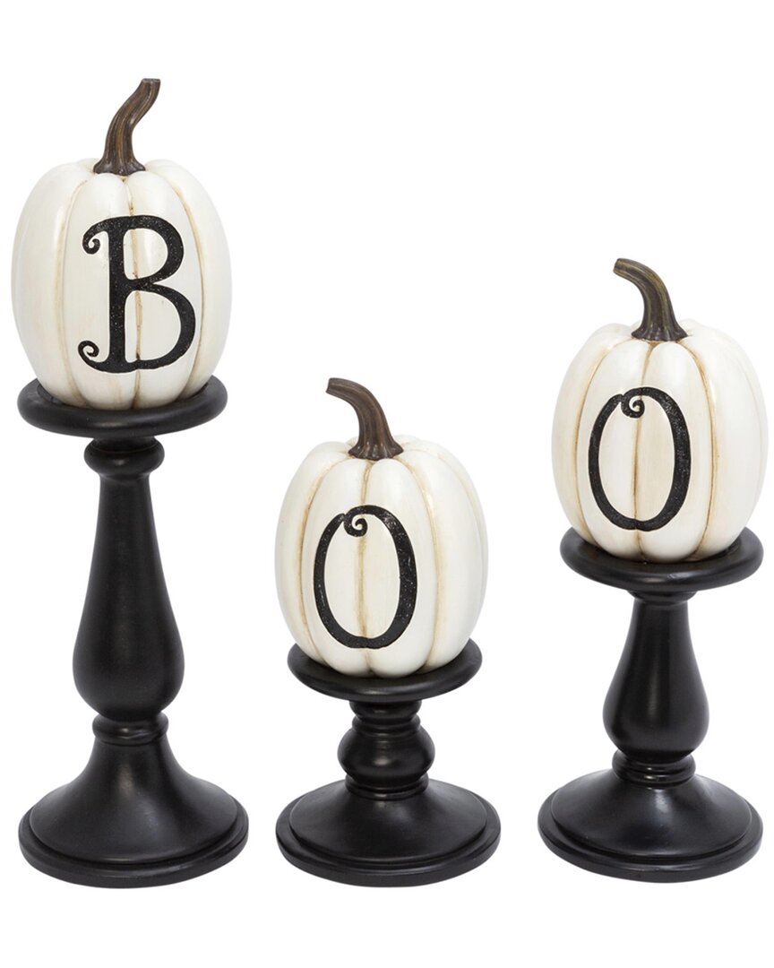 Gerson International Set Of 3 Resin/stone Lettered White Pumpkin Candleholders In Black