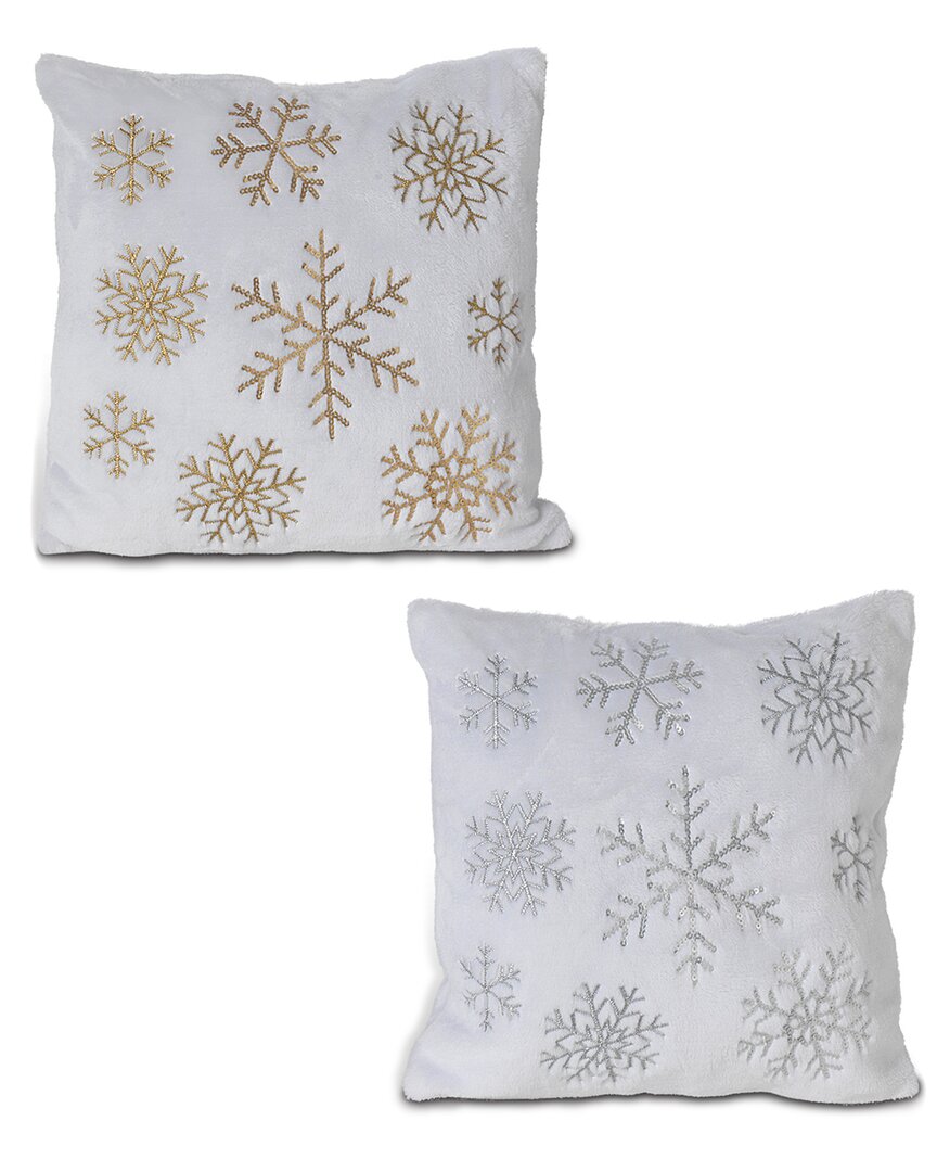 Gerson International ™ Set Of 2 Silver And Gold Snowflake Holiday Throw Pillow Décor In White