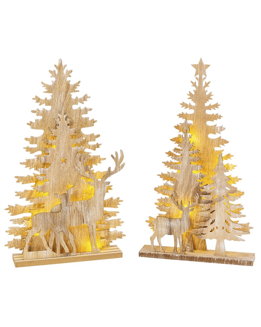 Gerson International ™ Set Of 2 17.25in Lighted Laser Cut Trees And Reindeer Tabletop Décor In Brown