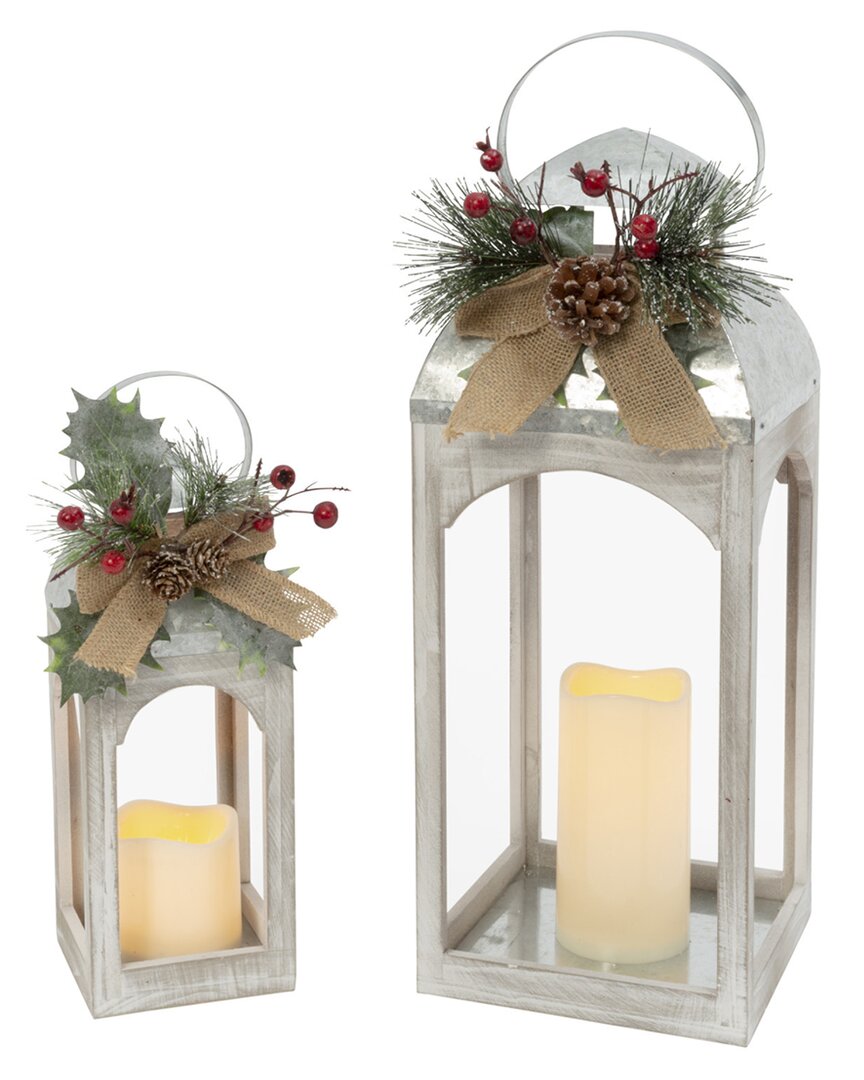 Gerson International ™ Set Of 2 Christmas Holiday Lantern With Floral Accents, Led In White