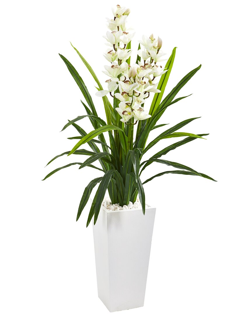 Nearly Natural 4.5ft Cymbidium Orchid Artificial Plant In White Tower Planter In Green