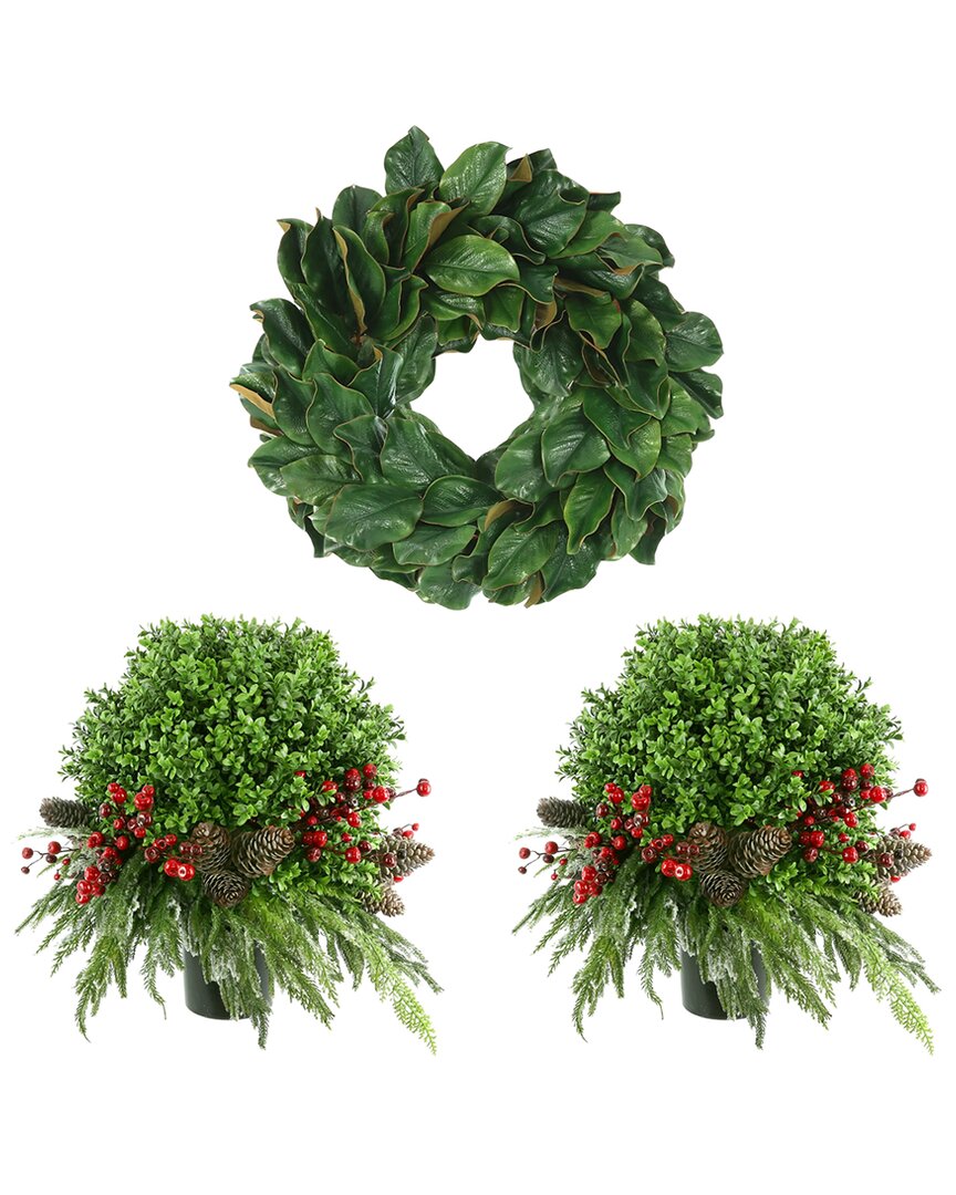 Creative Displays 24in Traditional Christmas Holiday Magnolia Wreath With 2 Uv-rated Boxwood Drop-in In Green