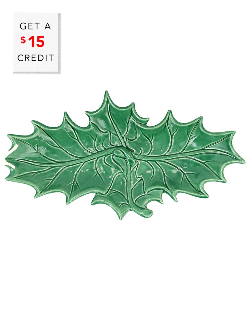Shop Vietri Lastra Evergreen Figural Holly Two-leaf Platter With $15 Credit In Green