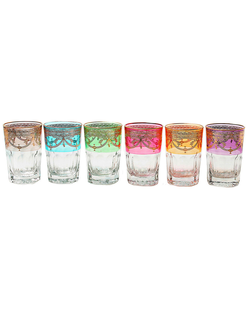 Classic Touch Set Of 6 Short Tumblers With Color And Gold Design