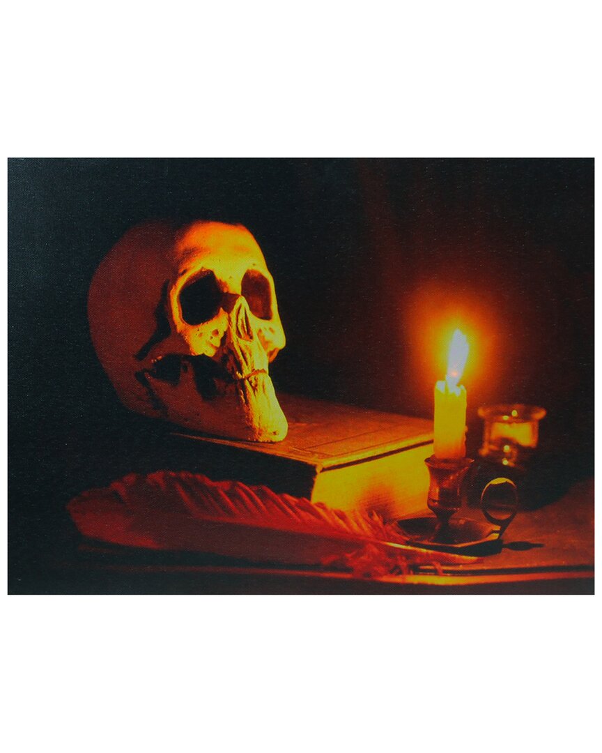 Northlight Led Lighted Skull By Flickering Candlelight Halloween Canvas Wall Art, 12" X 15.75" In Black