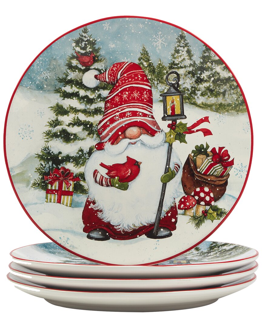 Certified International Christmas Gnomes 11" Dinner Plates Set Of 4, Service For 4 In Red
