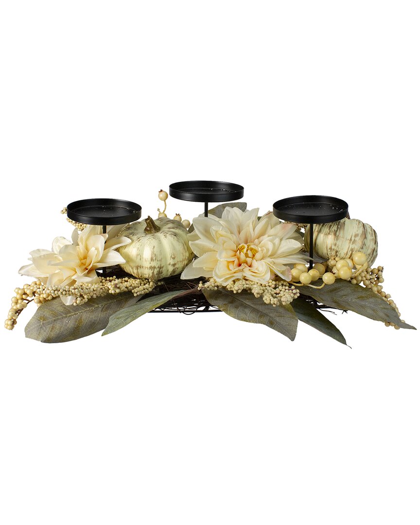 Northlight 21in Dahlia & Pumpkin Fall Candle Holder Decoration In White