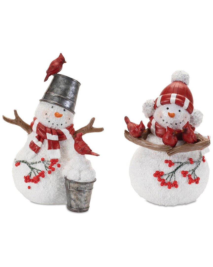 Melrose International Set Of 2 Cardinal Snowman Figurine In White
