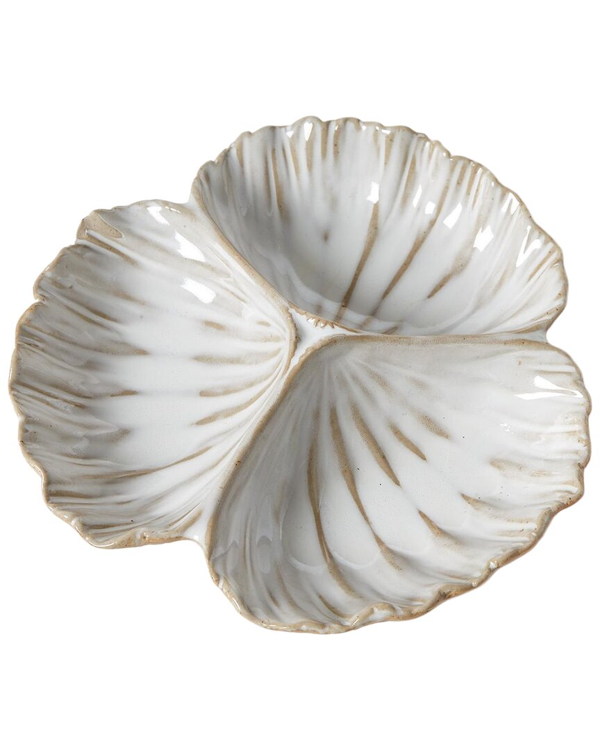 Two's Company Artisanal Reactive Glaze 3-section Shell Tidbit Dish / Tray In White
