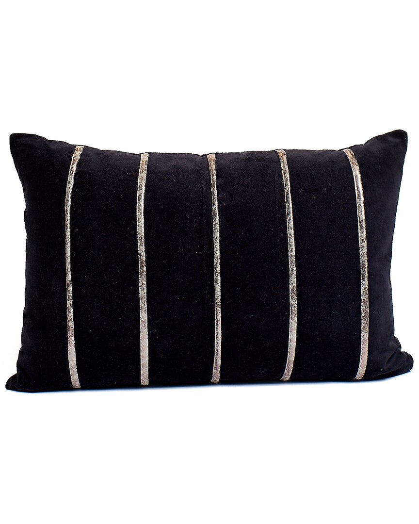 Harkaari Velvet Throw Pillow With Pu Strips In Black