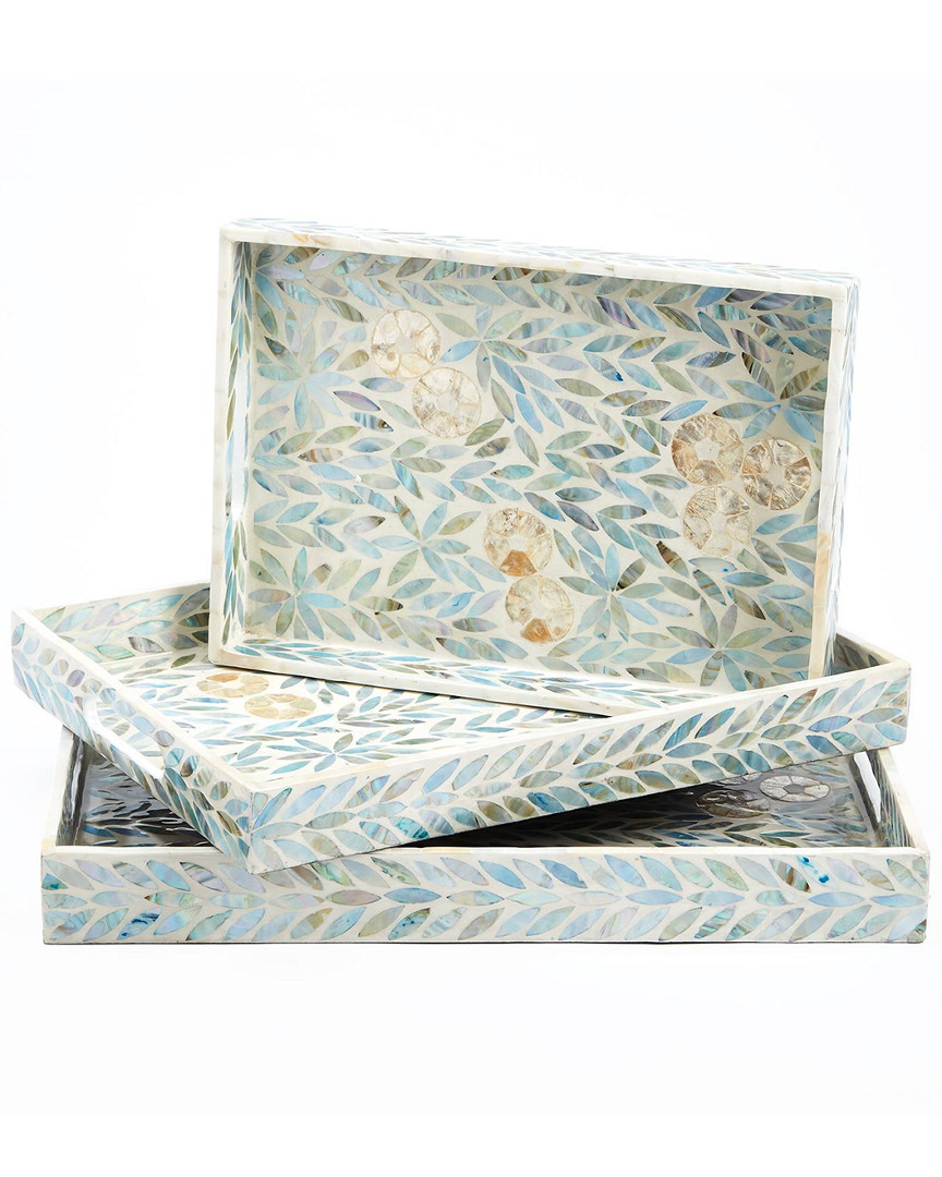 Tozai Home Palawan Flower Set Of 3 Mother-of-pearl Lacquered Trays