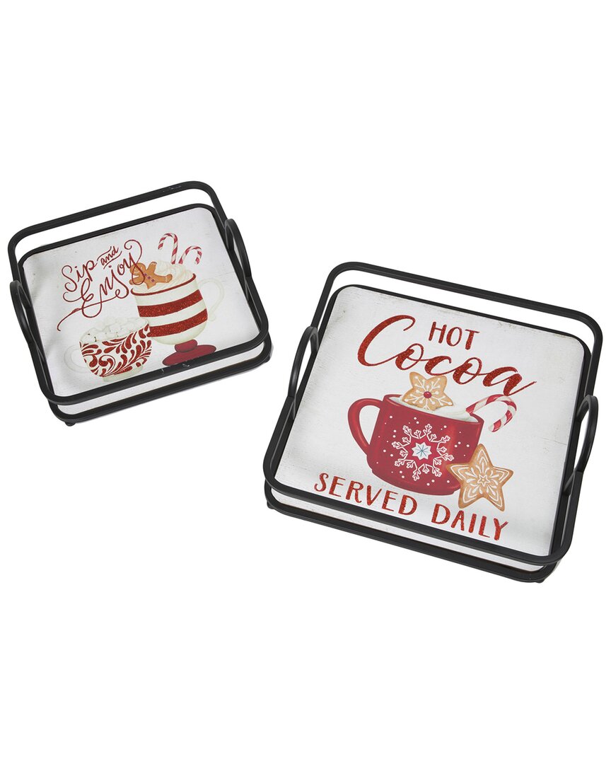 Gerson International Everlasting Glow Set Of 2 Metal And Wood Holiday Design Trays With Glitter Accents In Multicolor