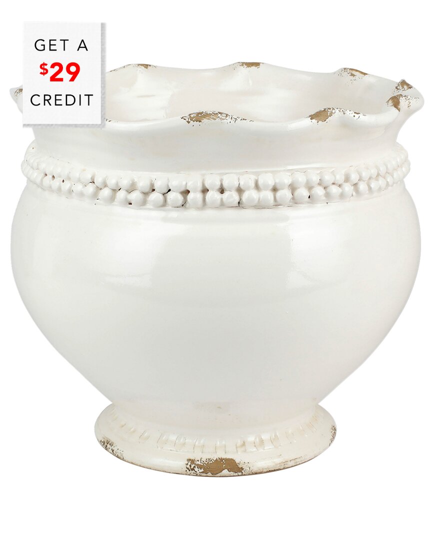 Vietri Rustic Garden Linen Round Planter With Vine In White