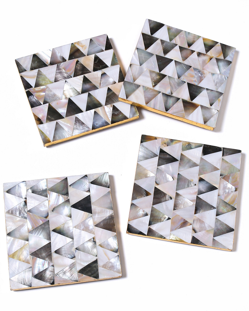 Tiramisu Set Of 4 Mother Of Pearl Coasters- Half Diamond Pattern In Grey
