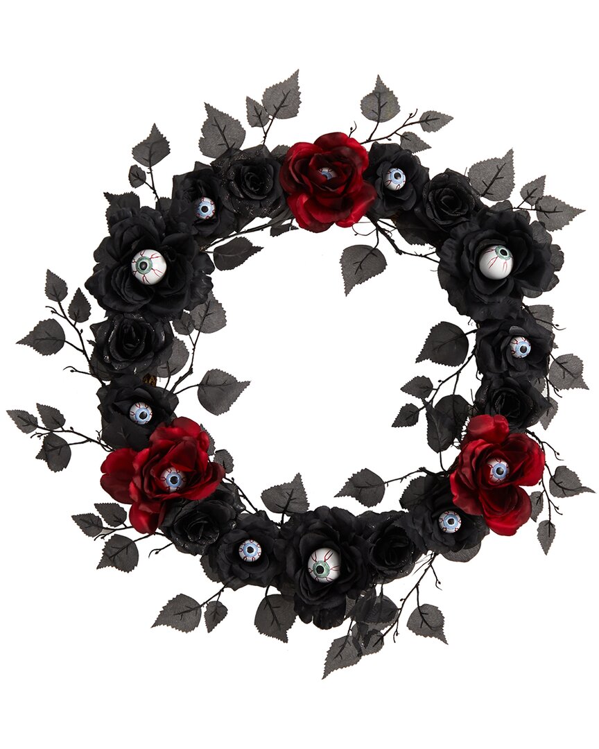 Nearly Natural Eyeball Rose Halloween Artificial Wreath 24in. In Black