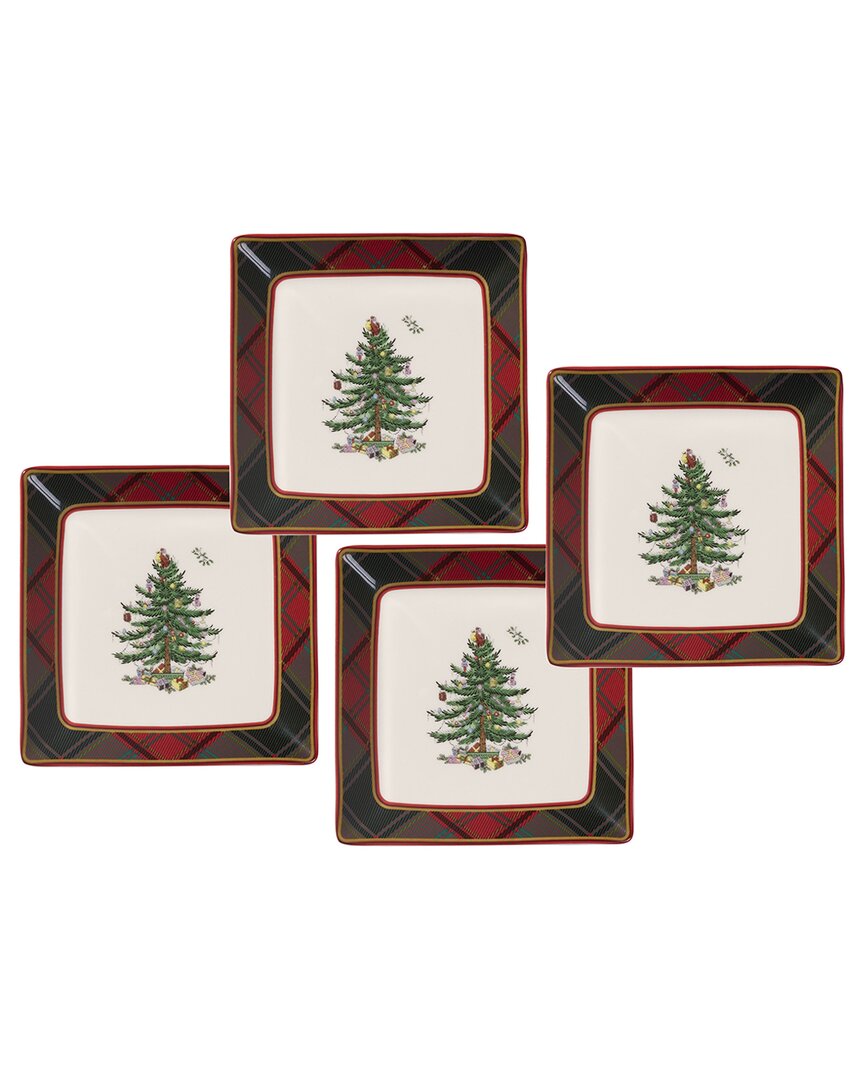 Spode Set Of 4 Christmas Tree Tartan Square Tidbit Plates