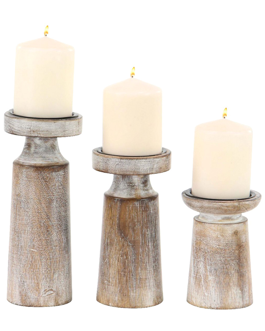 Peyton Lane Set Of 3 Mango Wood & Iron Pedestal Candle Holders