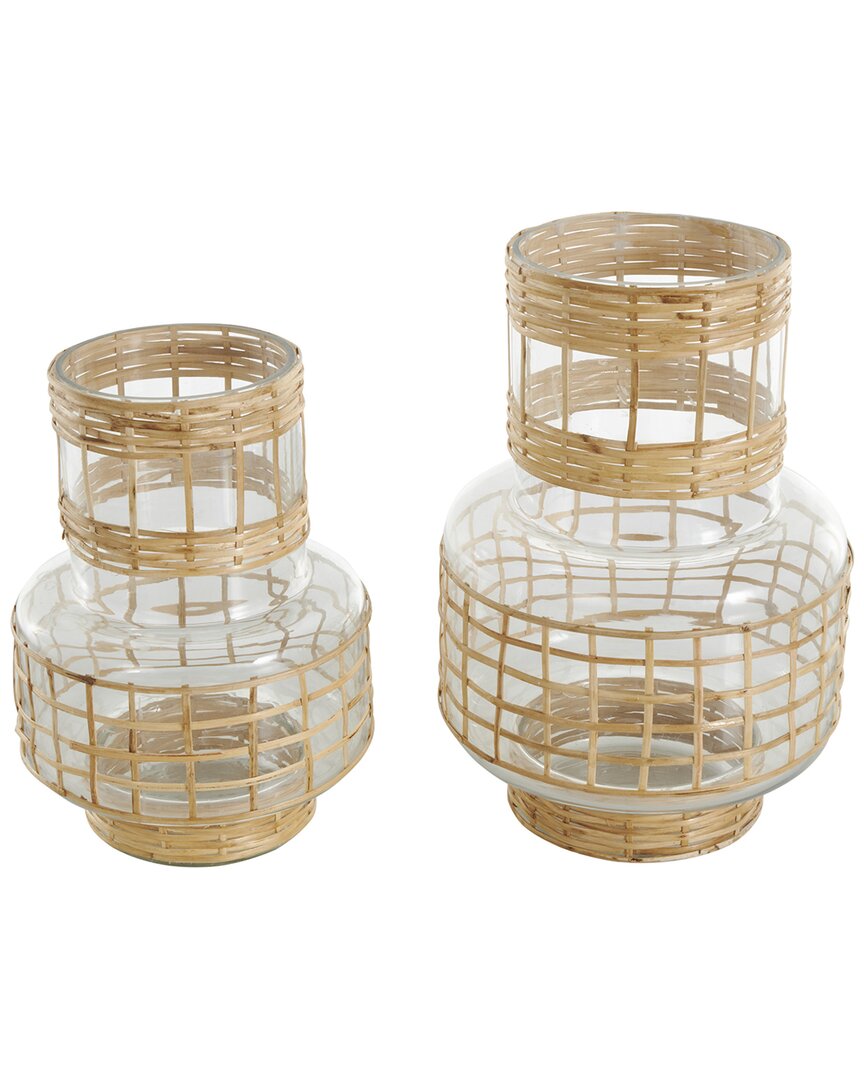 Peyton Lane Set Of 2 Clear Glass Handmade Rattan Wrapped Vase