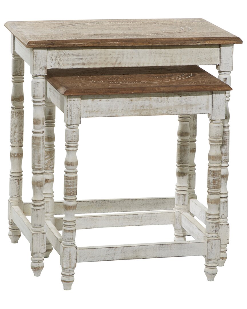 Peyton Lane Set Of 2 Handmade Carved Accent Tables In White