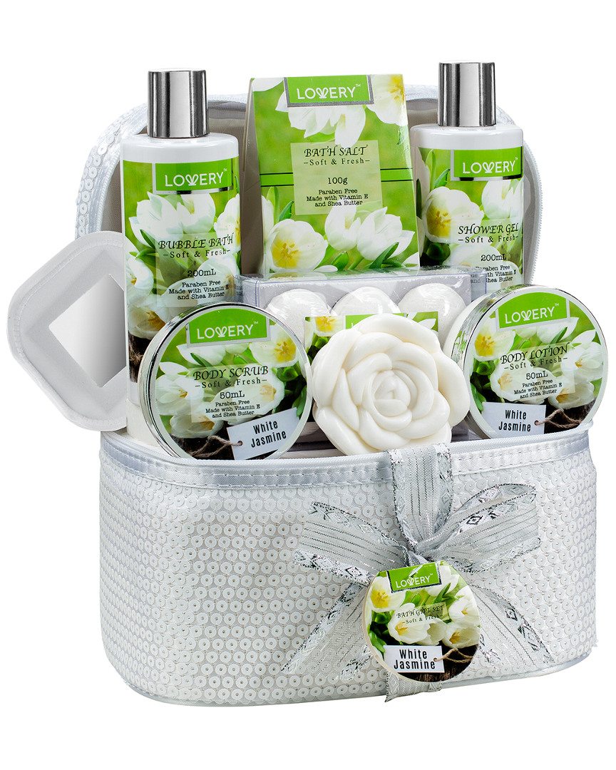 Lovery 14pc Bath & Body Spa Gift - White Jasmine Set In A Beaded Cosmetic Bag