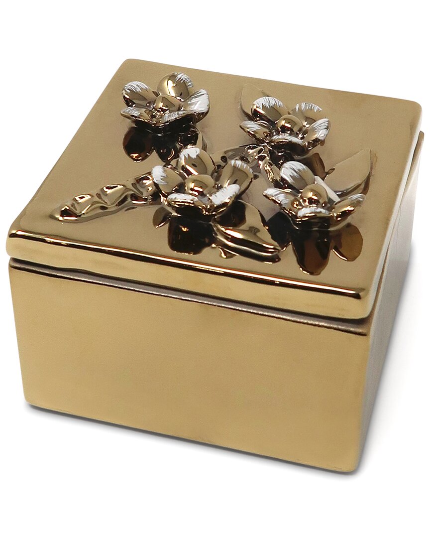 Vivience Square Decorative Box With Flower Design On The Lid, 4" L In Gold/white