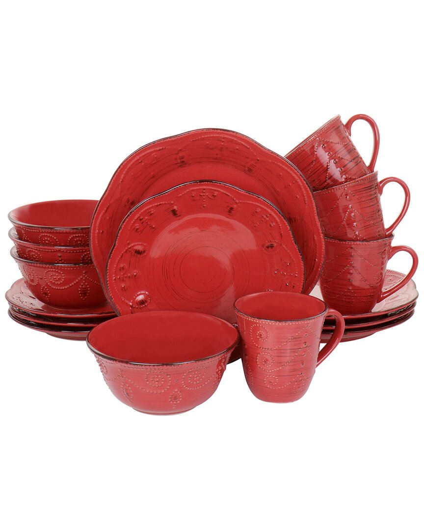 Elama Rustic Birch 16 Piece Stoneware Dinnerware Set In Red