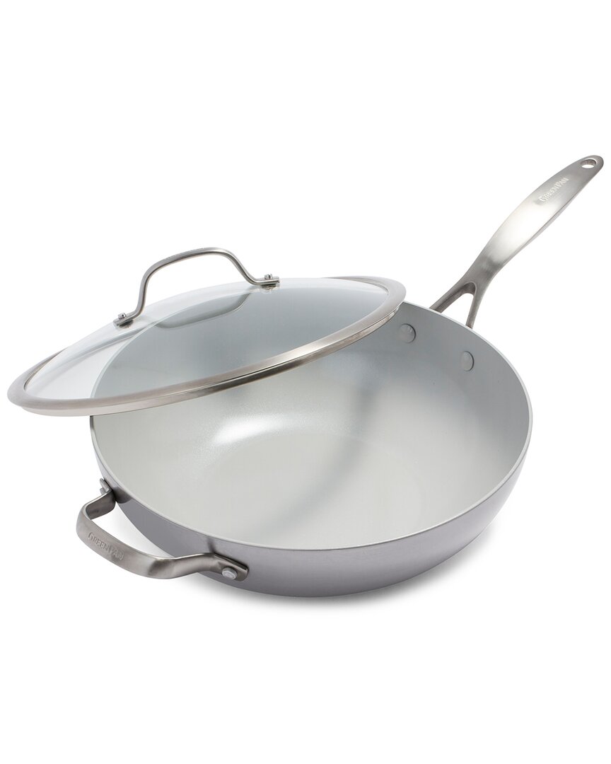 Greenpan Venice Pro Tri-ply Stainless Steel Healthy Ceramic Nonstick 12 Wok Pan With Helper Handle & In Silver