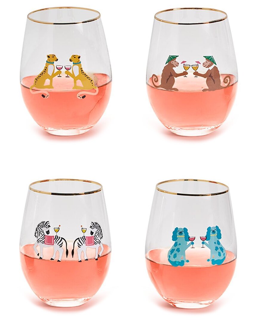 Two's Company Set Of 4 Animal Party Stemless Wine Glasses