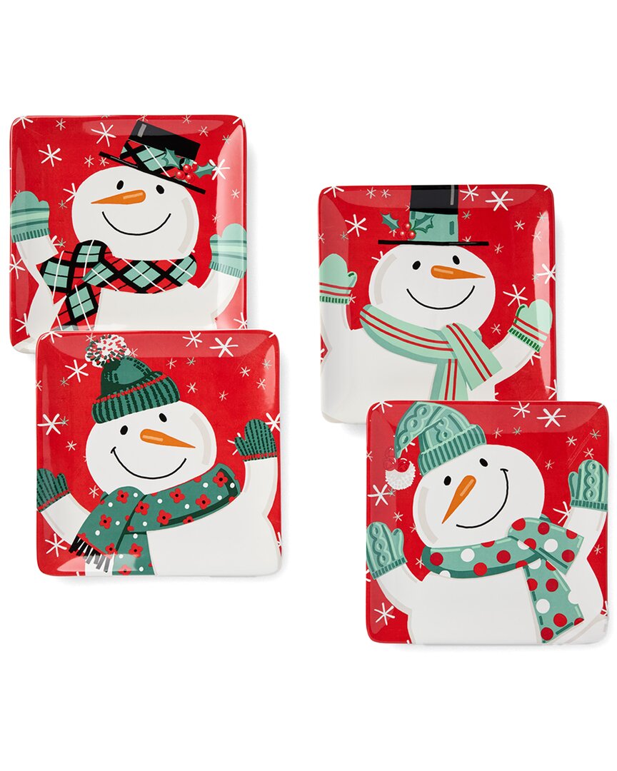 Certified International Christmas Whimsy Snowman Set Of 4 Dessert Plates In Red